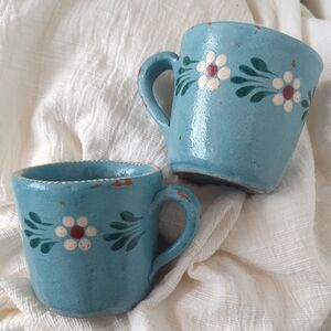 Artisan Made Handcrafted Blue Floral Mugs Set Of 2